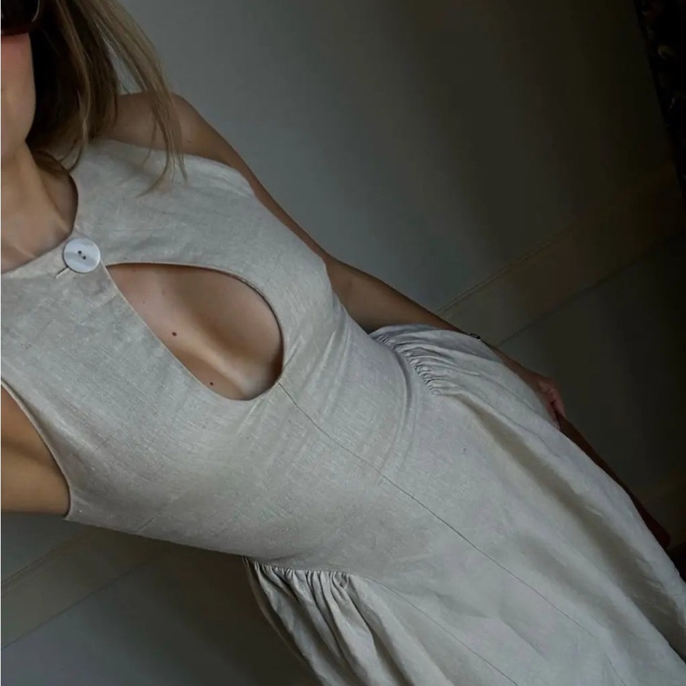 Tan Dianara Midi Dress with Halter Buttoned Neckline